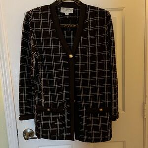 St. John Collection suit size 6 v neck gold 2 pocket chocolate brown checkered